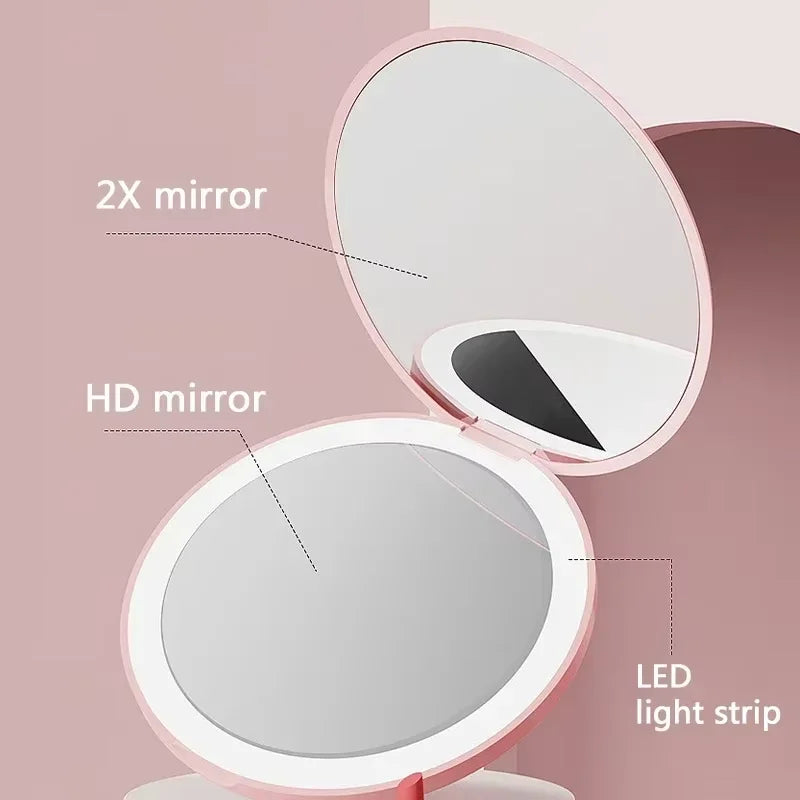 2X Personalized Small LED Light Cosmetic 2 Side Folding Makeup Compact Pocket Mirror Portable Travel Rechargeable for Women Gift