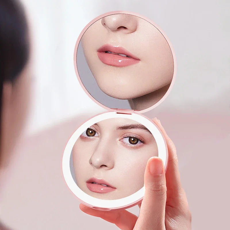 2X Personalized Small LED Light Cosmetic 2 Side Folding Makeup Compact Pocket Mirror Portable Travel Rechargeable for Women Gift